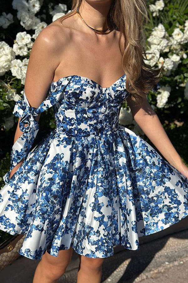 Garden of Eden Floral Print Bow-Strap Princess Flare Mini Dress