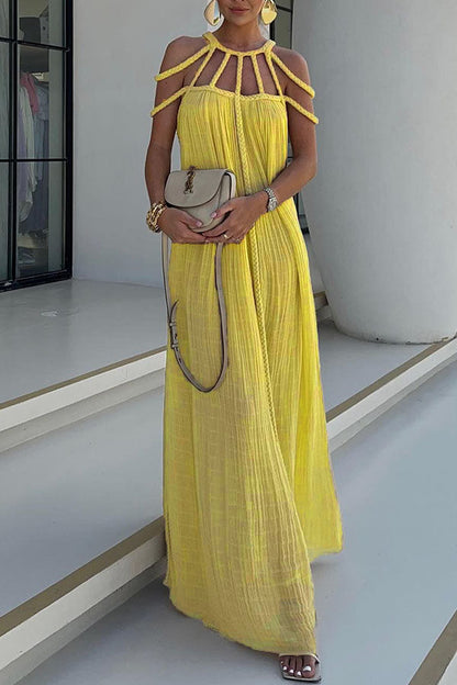 Modern and elegant maxi dress with draped cable details made of linen blend