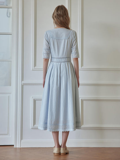 Fiona 100% Cotton Denim Blue Midi Dress 