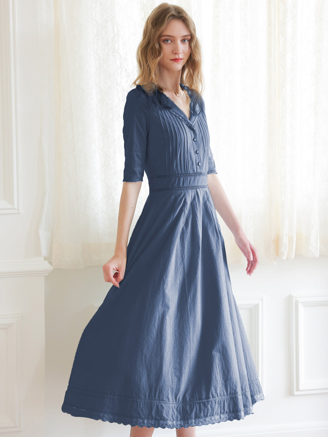 Fiona 100% Cotton Denim Blue Midi Dress 