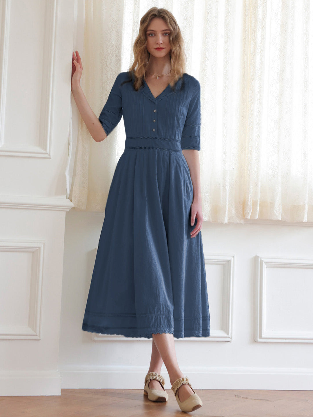 Fiona 100% Cotton Denim Blue Midi Dress 