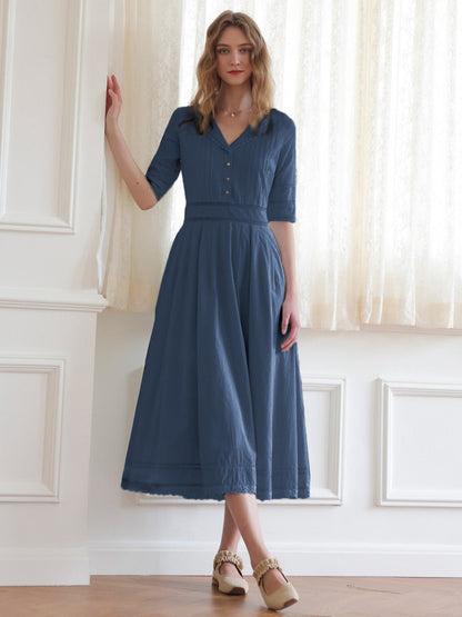 Fiona 100% Cotton Denim Blue Midi Dress 