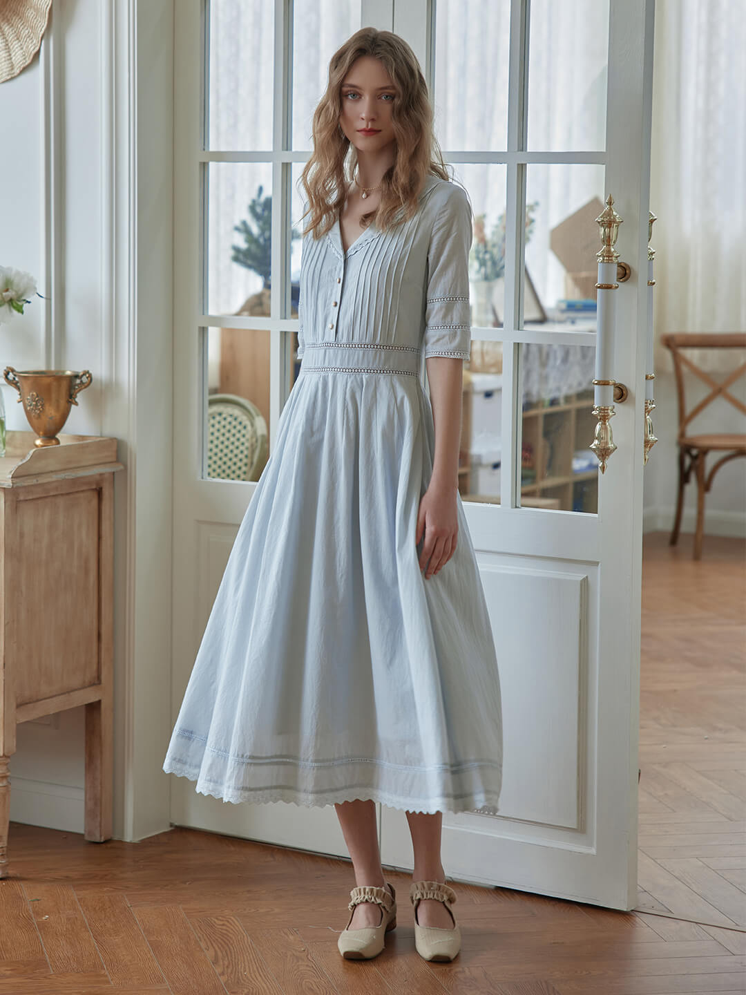 Fiona 100% Cotton Denim Blue Midi Dress 
