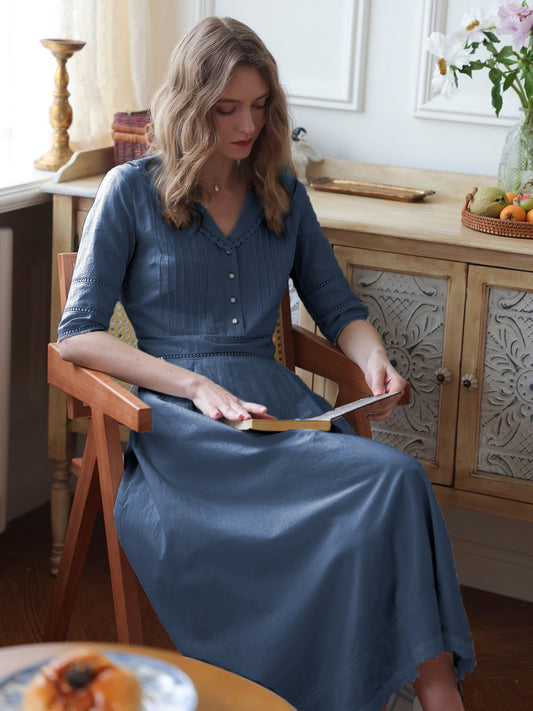 Fiona 100% Cotton Denim Blue Midi Dress 