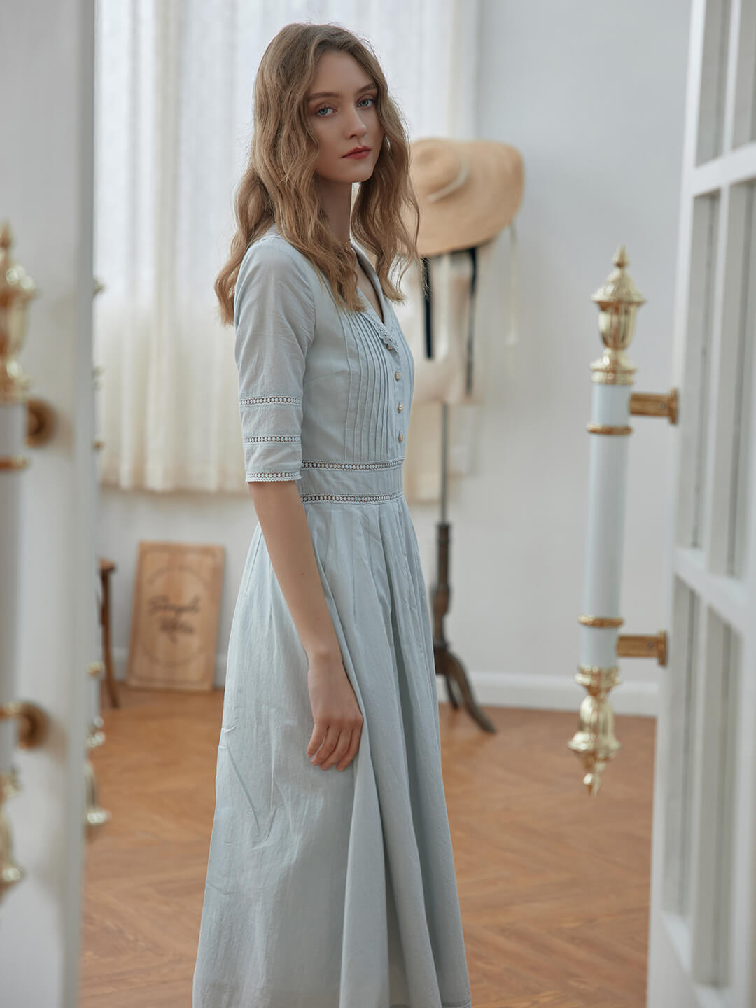 Fiona 100% Cotton Denim Blue Midi Dress 