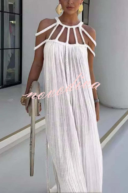 Modern and elegant maxi dress with draped cable details made of linen blend