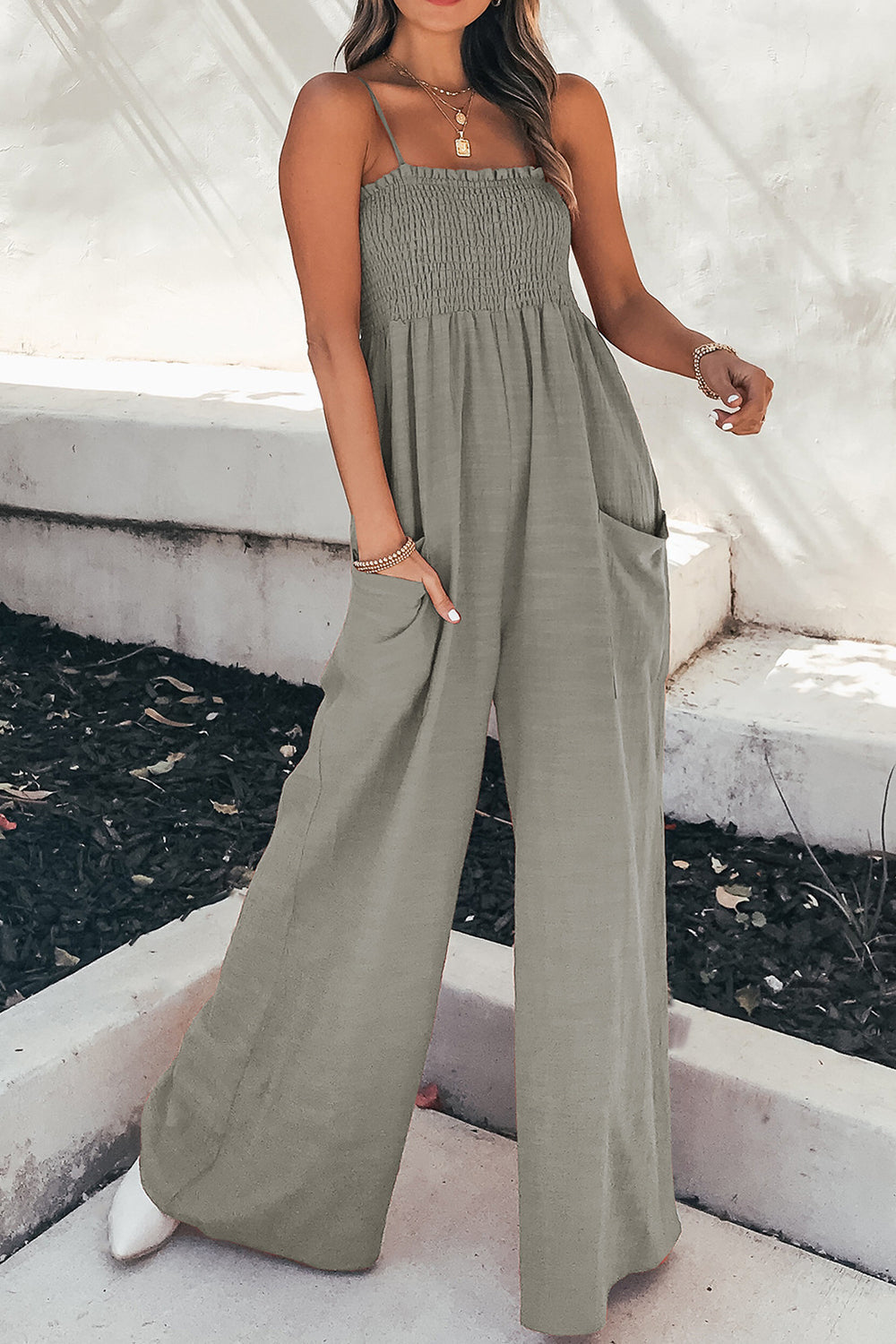 Ruched spaghetti strap wide leg jumpsuit 