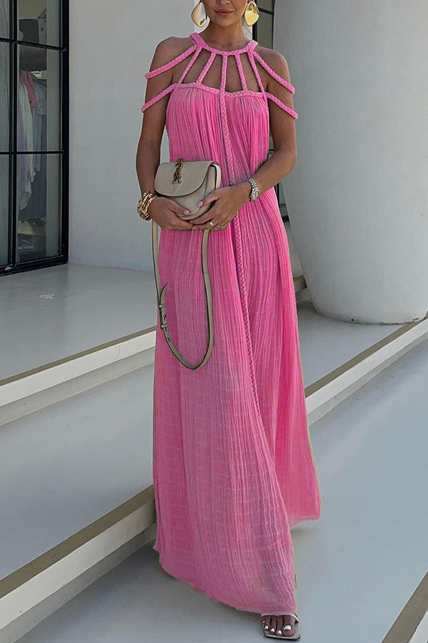Modern and elegant maxi dress with draped cable details made of linen blend