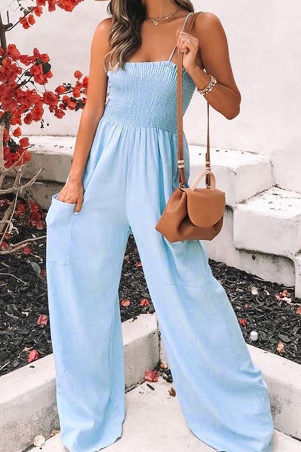 Ruched spaghetti strap wide leg jumpsuit 