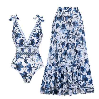 Vair V-neck swimsuit with matching skirt set