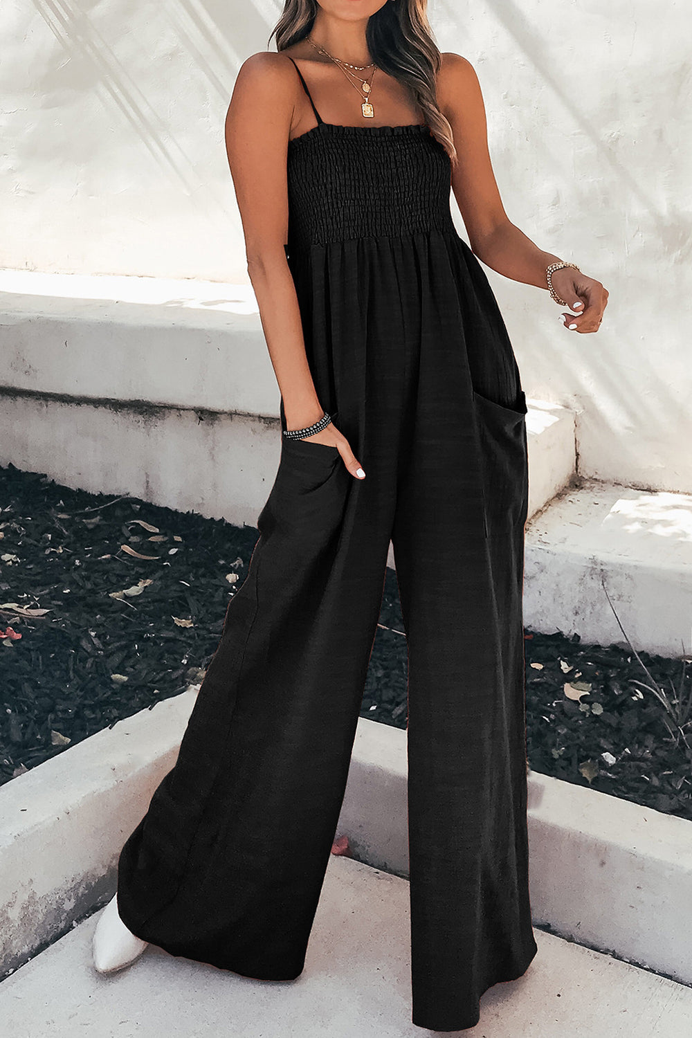 Ruched spaghetti strap wide leg jumpsuit 