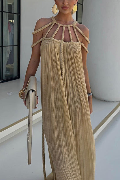 Modern and elegant maxi dress with draped cable details made of linen blend