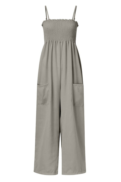 Ruched spaghetti strap wide leg jumpsuit 