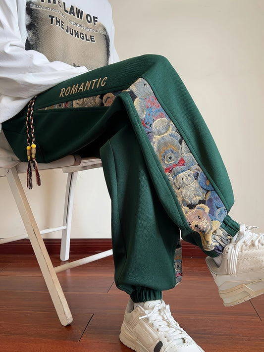 Men's Loose Fit Bear Embroidered Joggers, Casual Stretch Street Style Sports Pants
