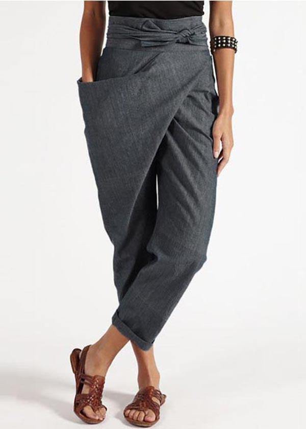 Handmade grey asymmetric design high waist cotton harem summer pants
