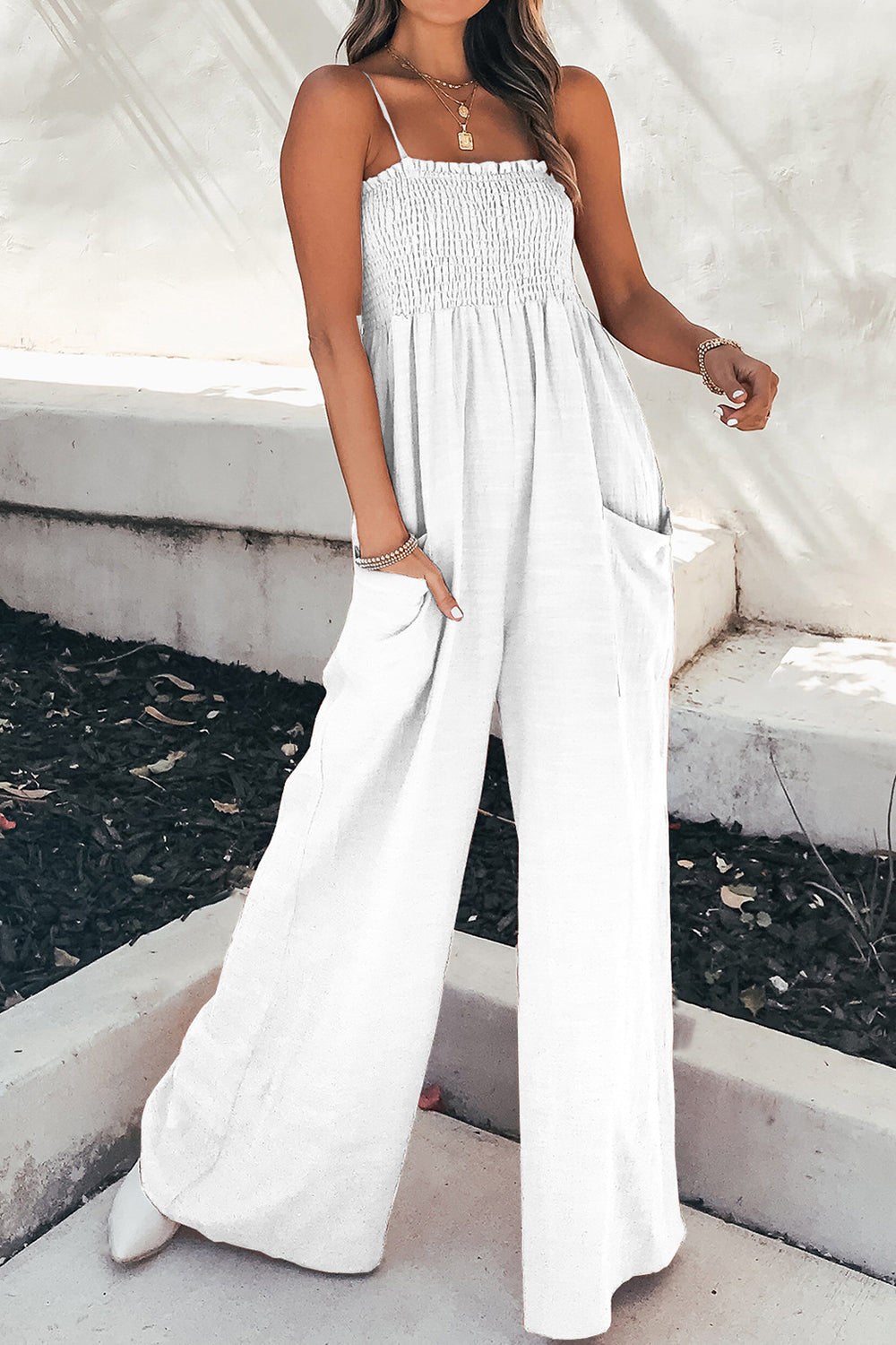 Ruched spaghetti strap wide leg jumpsuit 