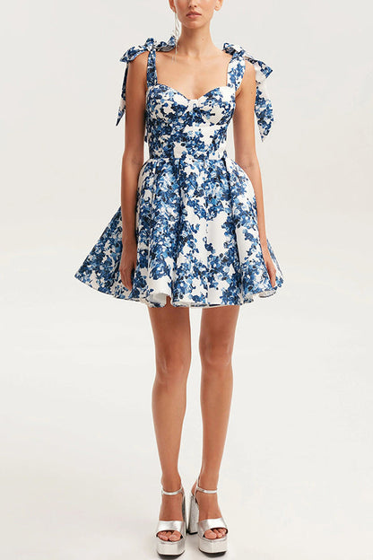 Garden of Eden Floral Print Bow-Strap Princess Flare Mini Dress