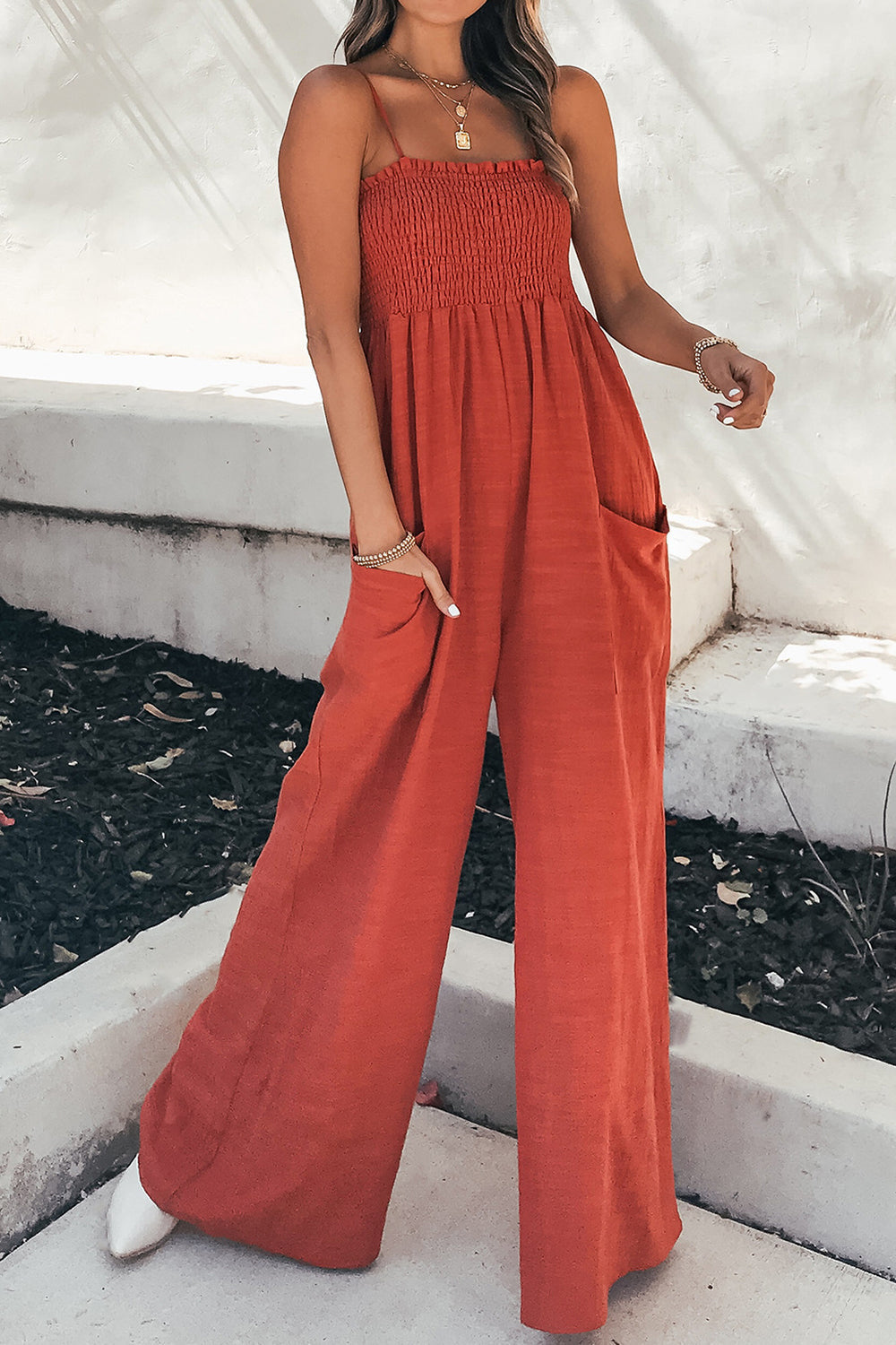 Ruched spaghetti strap wide leg jumpsuit 
