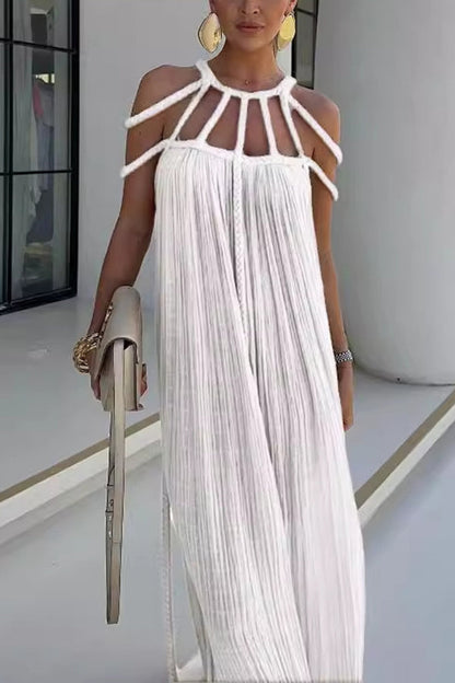Modern and elegant maxi dress with draped cable details made of linen blend