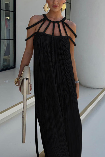 Modern and elegant maxi dress with draped cable details made of linen blend
