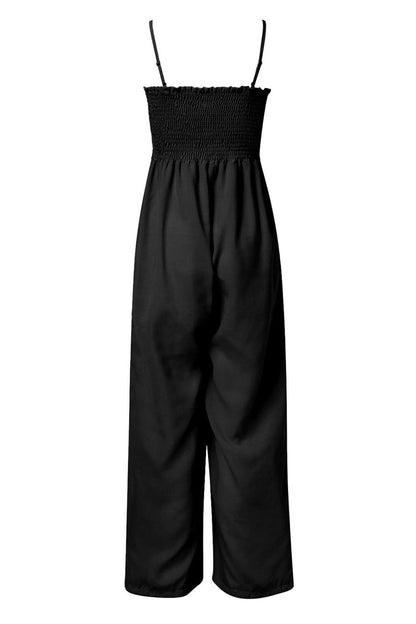 Ruched spaghetti strap wide leg jumpsuit 