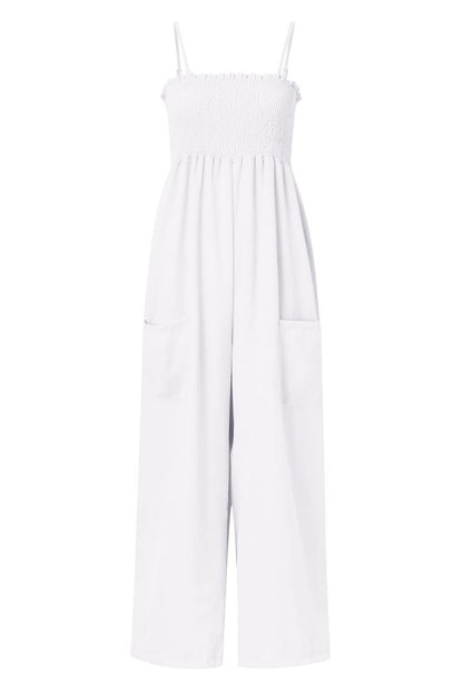 Ruched spaghetti strap wide leg jumpsuit 