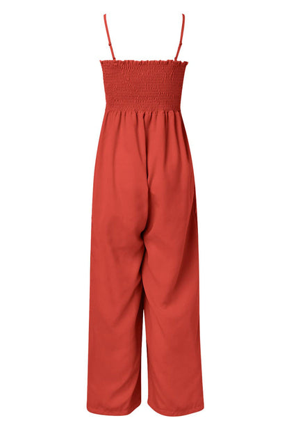 Ruched spaghetti strap wide leg jumpsuit 