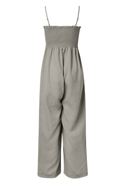 Ruched spaghetti strap wide leg jumpsuit 